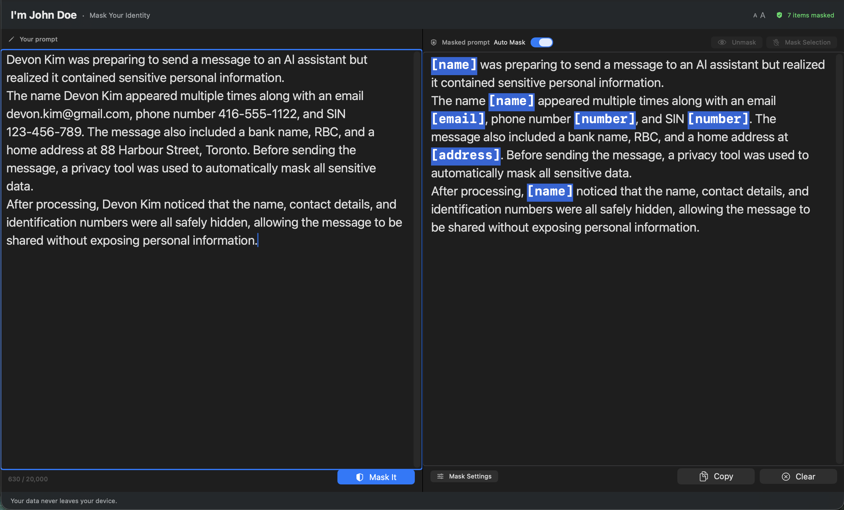 I'm John Doe main window on Mac, showing detected PII on the left and masked version on the right