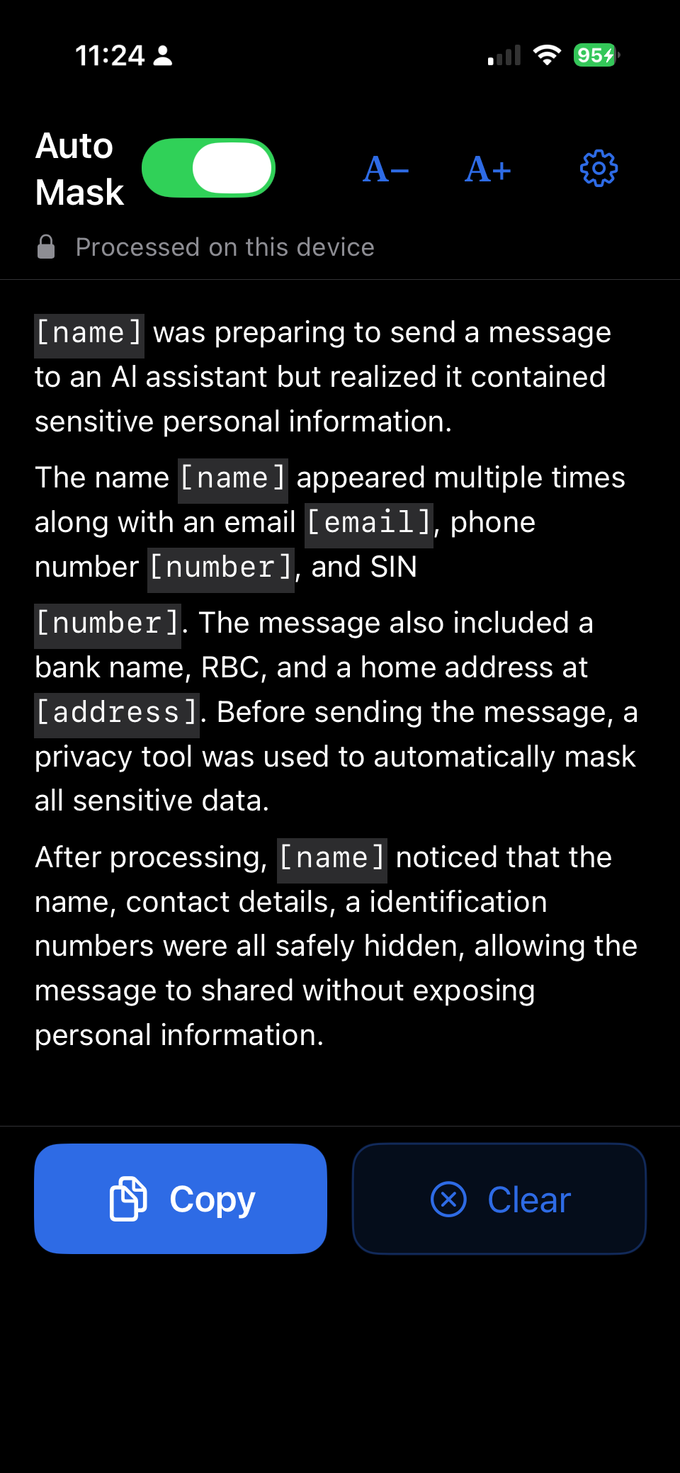 Masked text on iPhone showing names, emails, and a SIN replaced with placeholders