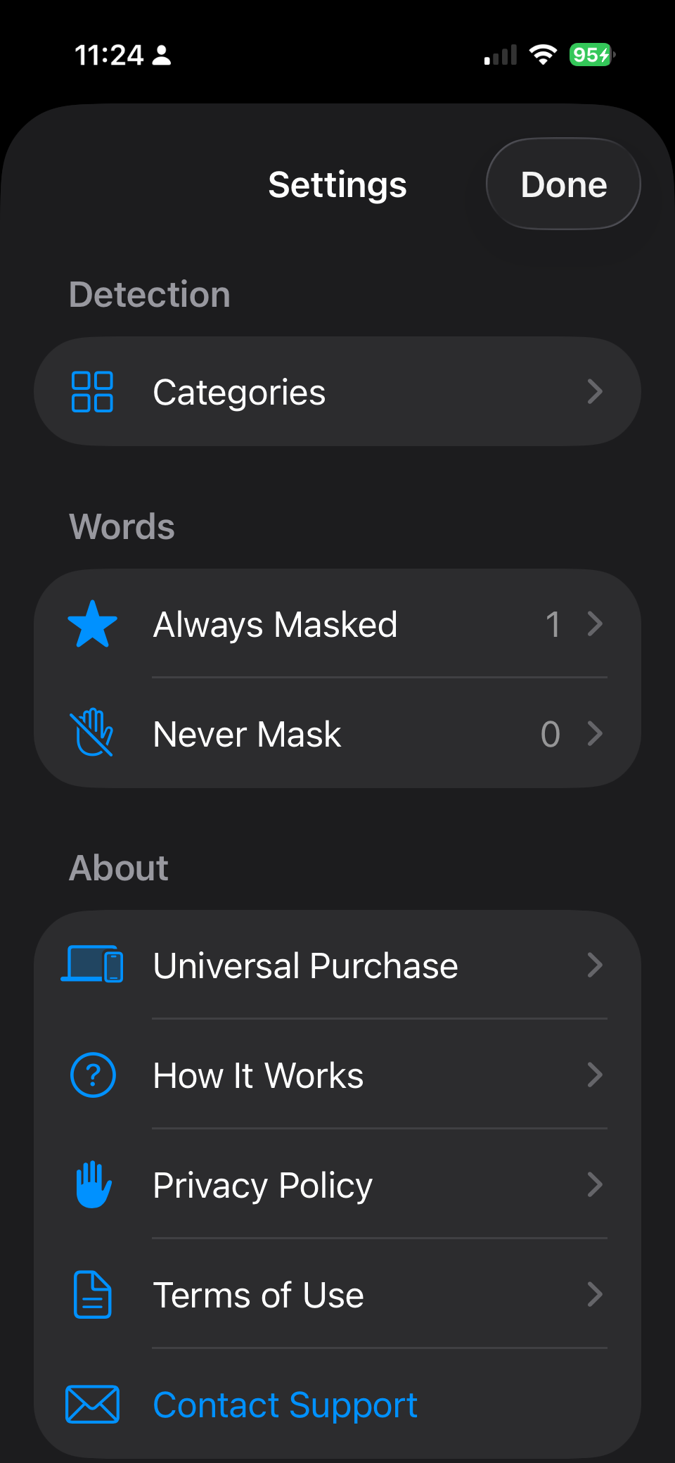 Settings on iPhone with Detection, Always Masked, Never Mask, and Universal Purchase rows