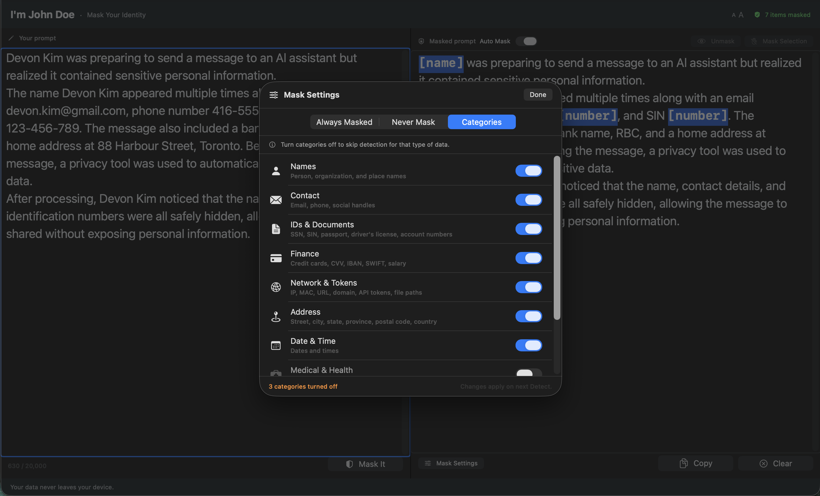 Settings panel on Mac showing detection categories