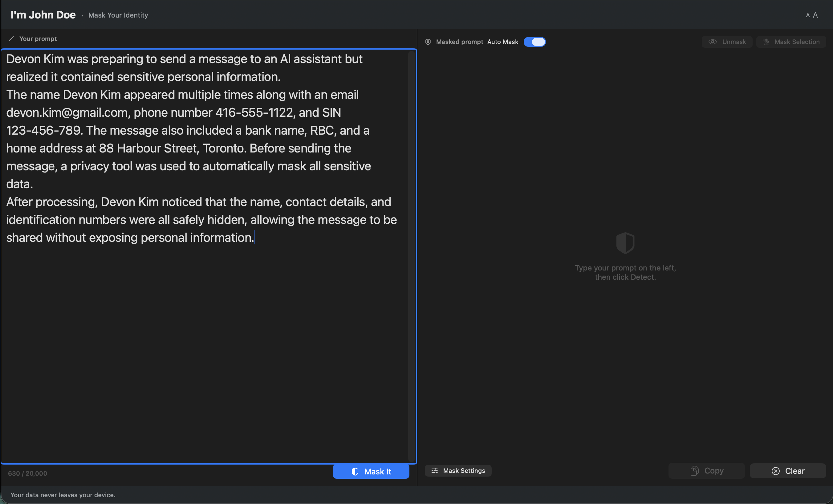 Pasted text in the left pane, before masking